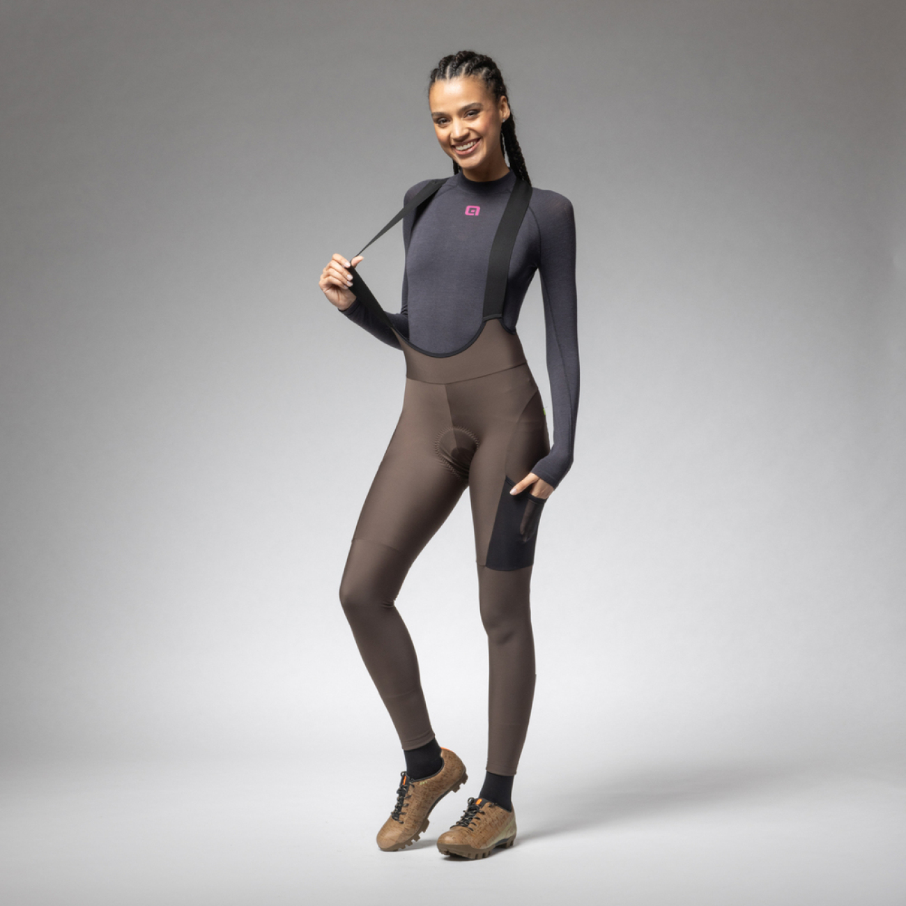 ALÉ Cyklistické nohavice dlhé s trakmi - STONES CARGO 2.0 - hnedá