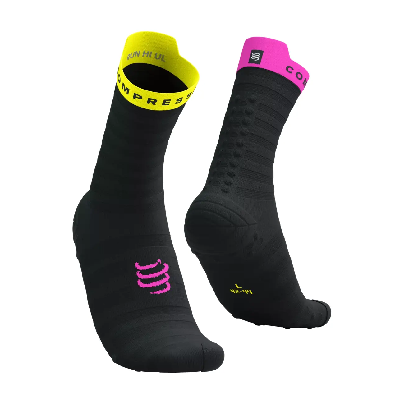 COMPRESSPORT Cyklistické ponožky klasické - PRO RACING V4.0 ULTRALIGHT RUN - čierna/žltá/ružová 39-41