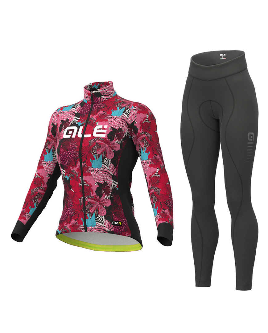 ALÉ Cyklistický zimný dres a nohavice - AMAZZONIA LADY WNT - bordová/ružová/čierna