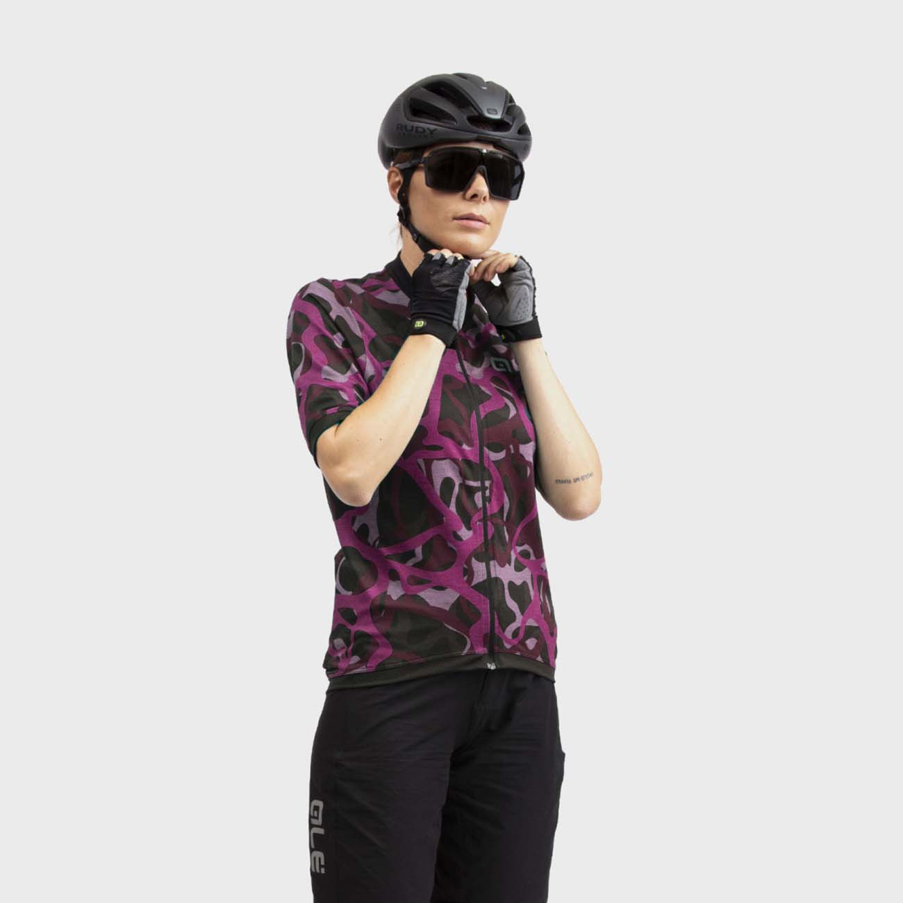 ALÉ Cyklistický dres s krátkym rukávom - WOODLAND GRAVEL LADY - ružová/fialová/čierna