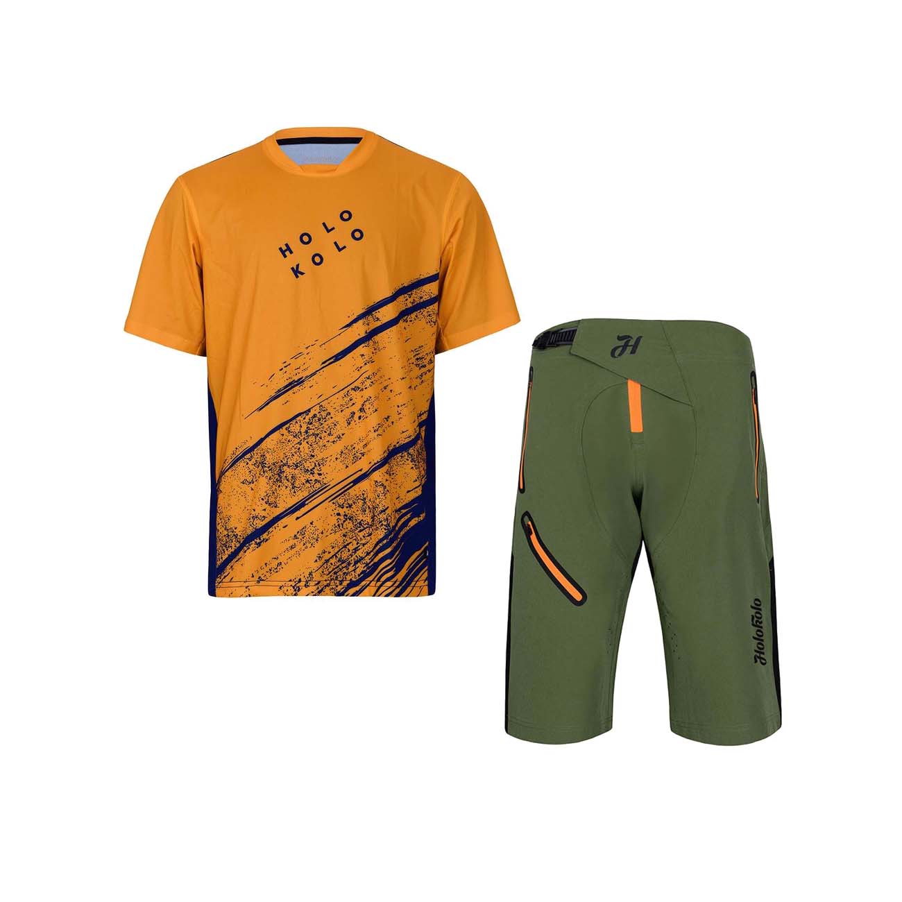 HOLOKOLO Cyklistický MTB dres a nohavice - UNIVERSE MTB - zelená/oranžová/čierna