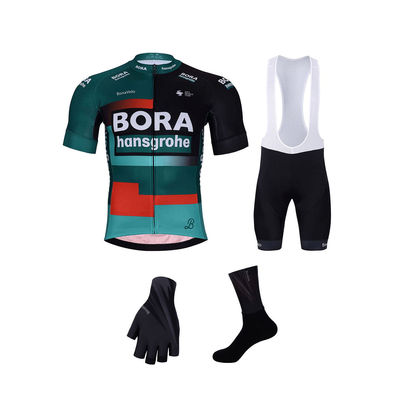 
                BONAVELO Cyklistický mega set - BORA 2023 - červená/čierna/zelená
            