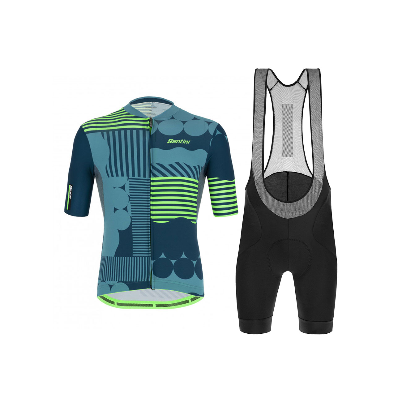 
                SANTINI Cyklistický krátky dres a krátke nohavice - DELTA OPTIC - zelená/čierna/modrá
            